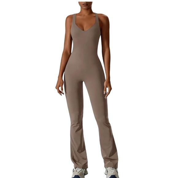 Amazon Pants - Amazon Reoria V Neck Sleeveless Workout Bodycon Flare Jumpsuit size Small